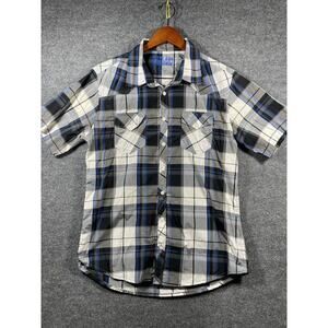 Reclaim Button Up Shirt Men's Large Blue/Gray Plaid Short Sleeve Cotton Blend